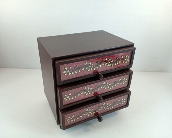 Kundan Zardozi Work Triple-drawer Jewellery Box Maroon