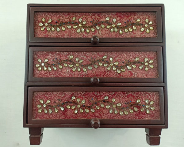 Kundan Zardozi Work Triple-drawer Jewellery Box Maroon - Image 3