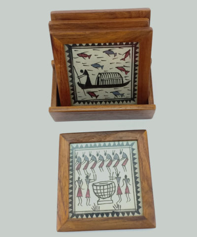Saura Tribal Art Coaster – Set of 4 with holder