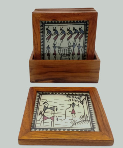 Saura Tribal Art Coaster – Set of 6 with holder