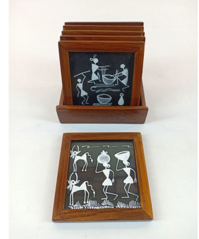 Warli Tribal Art Coaster – Set of 6 with holder