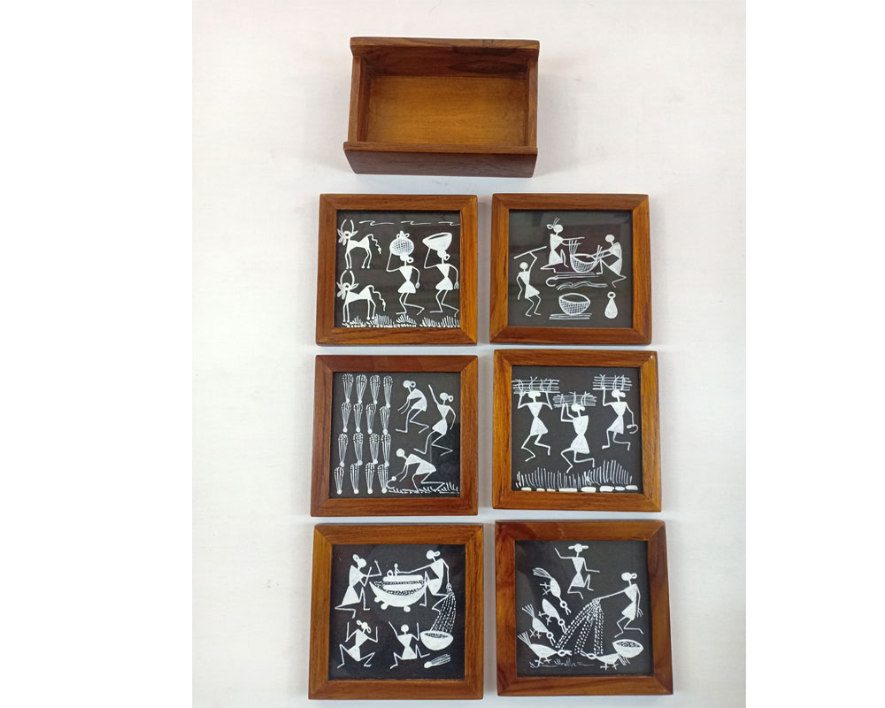 Warli Hand Painted Wooden Coasters - Set of 6 - Tyohar